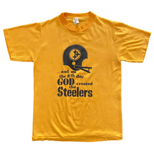 80s Pittsburgh Steelers "God Created" Two-Bar Helmet T-Shirt
